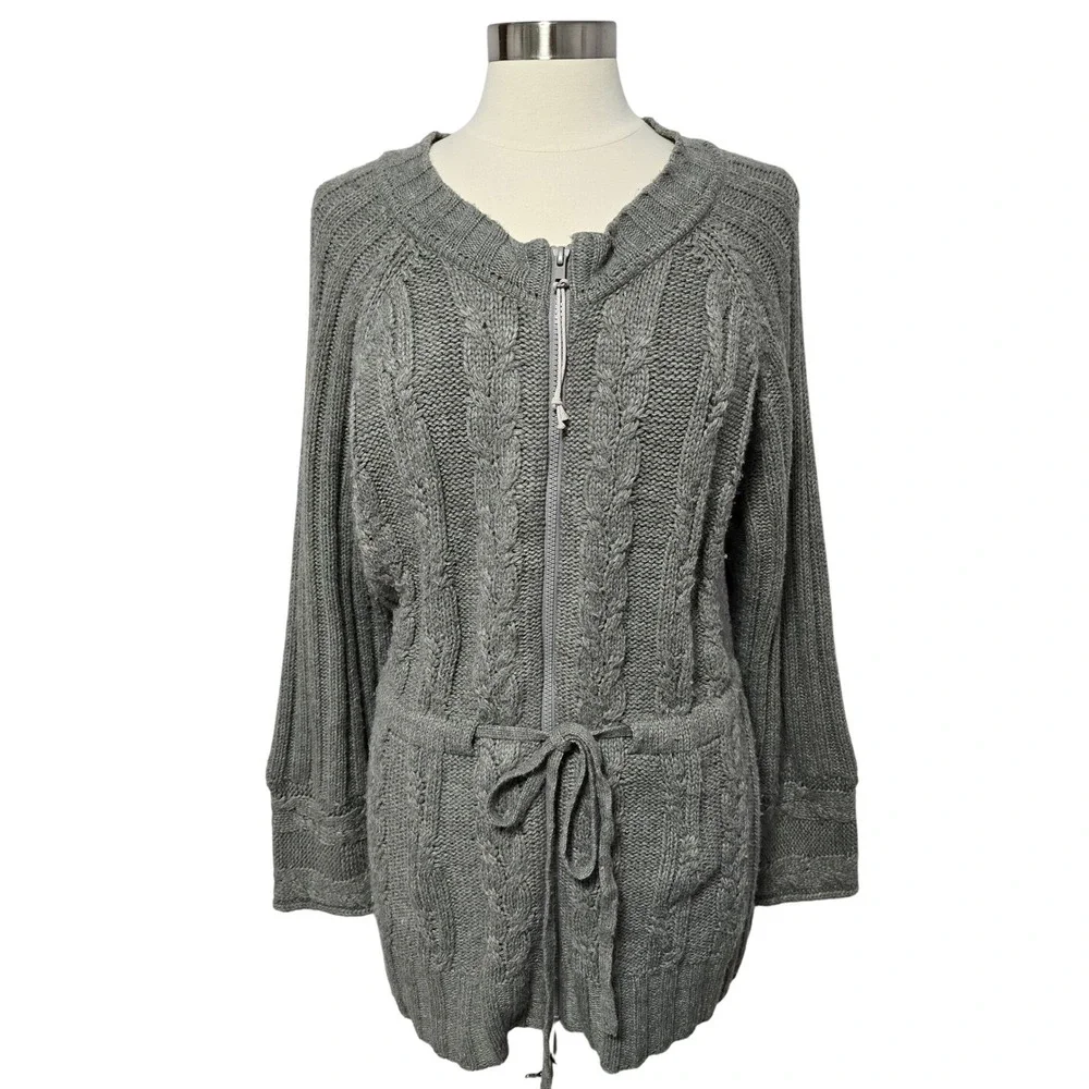Needleworks Cable Knit Cardigan Sweater Gray Tie Waist Pockets Womens Plus 18/20